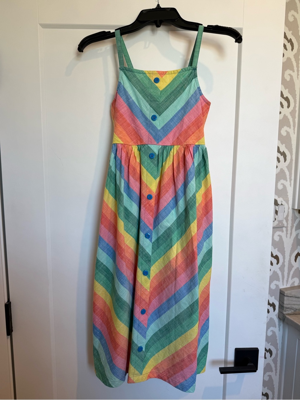 Hanna Andersson Girls Linen Rainbow Striped Button-Front Sundress